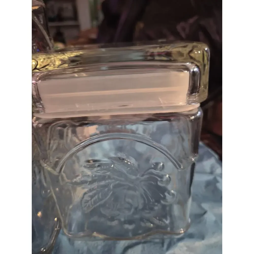 Vintage Libby Embossed Glass Set Of 3 Fruit Cannister Has A Clear Square Body...